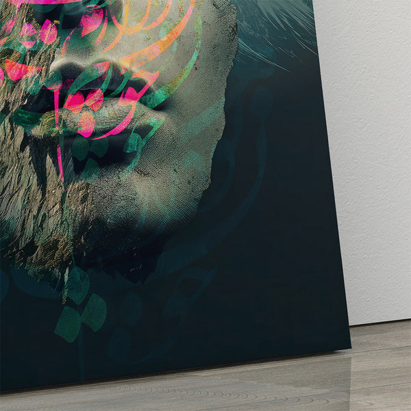 Detail shot of the woman’s serene face and mountain textures in the Artorang Saadi Shirazi artwork.