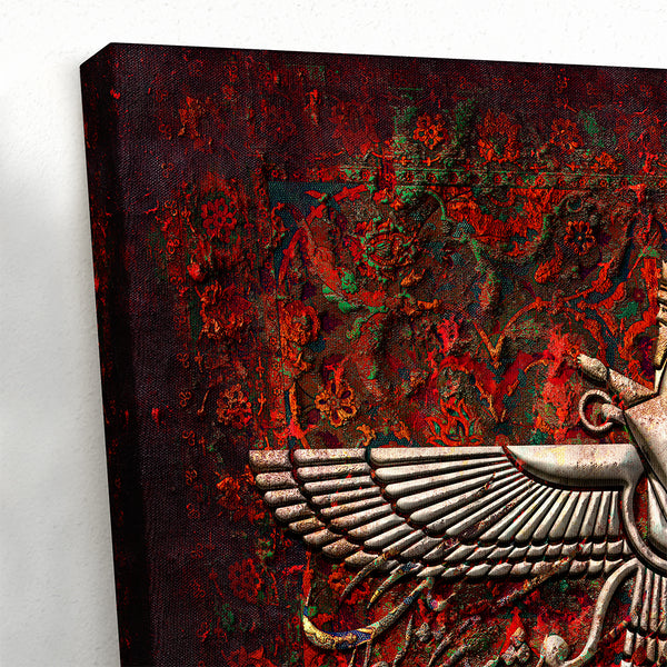 Eternal Wisdom, Zarathustra Canvas Print Wall Art, Faravahar Symbol with Persian Calligraphy, Zoroastrianism Modern Art Ready to Hang