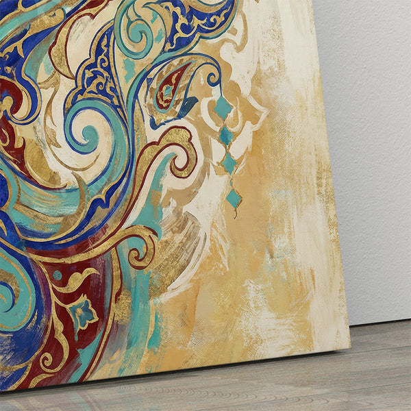 Close-up of winged Persian motif artwork with blue and gold tones