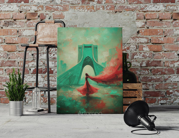 Tehran Azadi Tower Canvas Print with Persian Girl in Windy Red Dress Wall Art