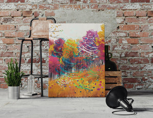 Artorang forest canvas print in gold, magenta, and turquoise tones.
