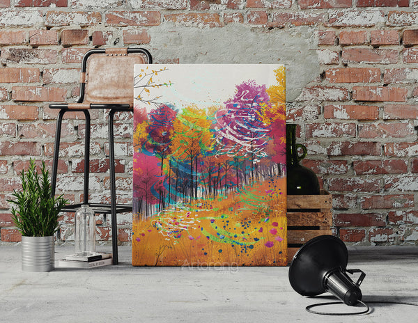 Artorang forest canvas print in gold, magenta, and turquoise tones.

