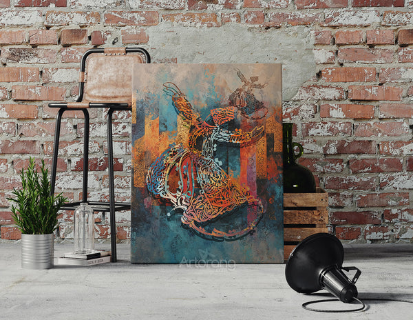 Sufi Whirling Dervish Calligraphy Canvas Print - Persian Wall Art Decor
