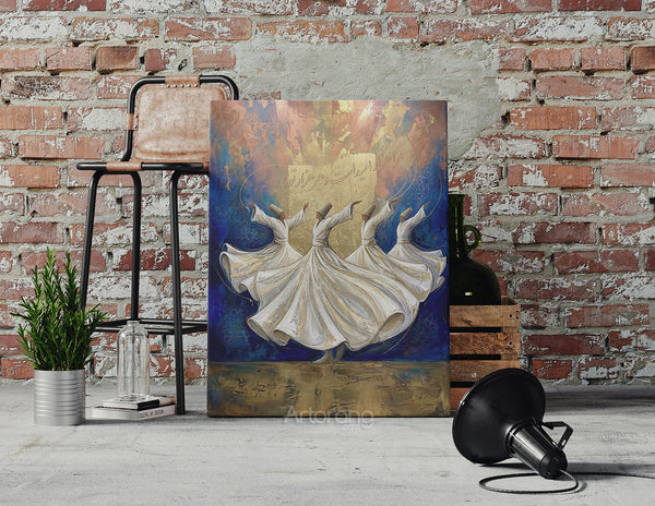 Sufi Whirling Persian Wall Art Canvas Print with Farsi Poetry