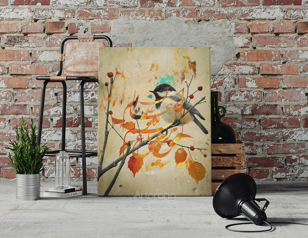 Warm-toned wall art featuring a bird and spiritual Persian poetry.
