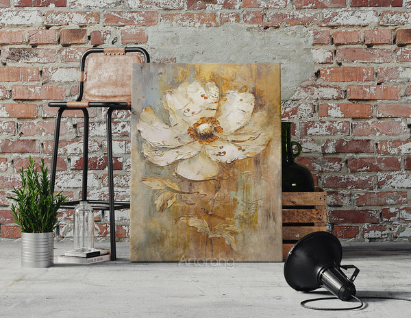 Textured abstract flower painting with Rumi poetry quote
