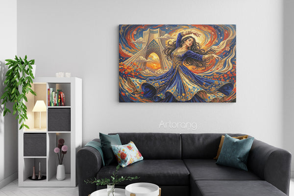 Persian Dance in Front of Tehran Azadi Tower Canvas Print - Vibrant Wall Art