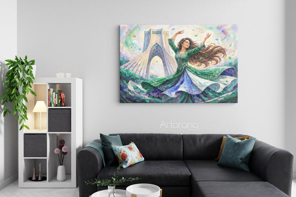Persian Dance in Front of Tehran Azadi Tower Canvas Print – Colorful Wall Art