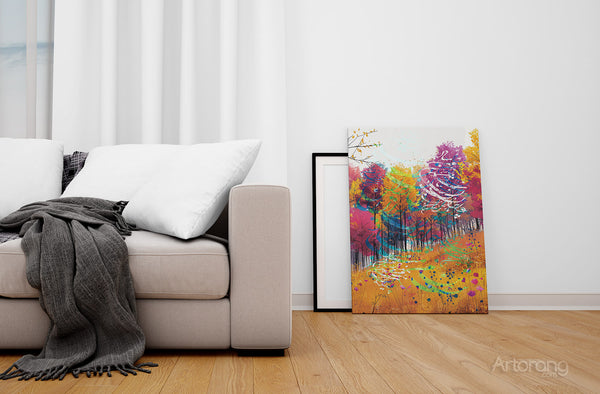 Room mockup of vibrant forest canvas featuring poetic Persian script.
