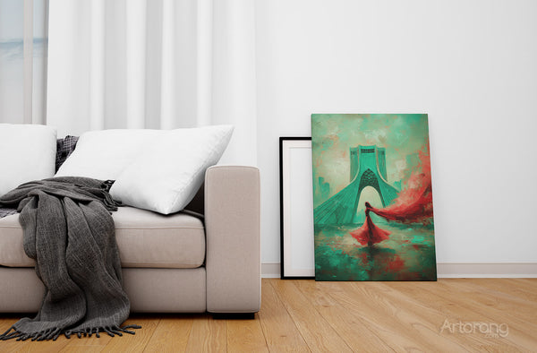 Tehran Azadi Tower Canvas Print with Persian Girl in Windy Red Dress Wall Art