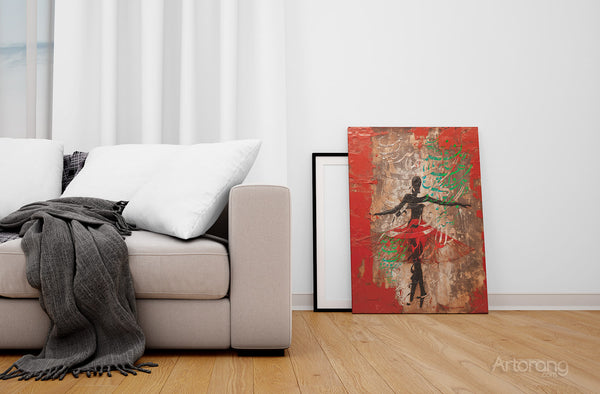 Room mockup displaying Rumi dance canvas with vibrant red and earthy tones