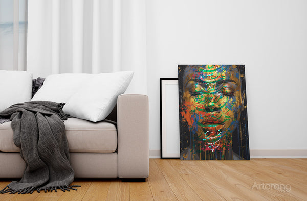 Decorative wall art combining Persian calligraphy and expressive portrait
