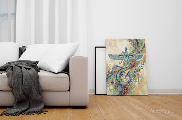 Symbolic Persian spiritual art canvas in living room setting