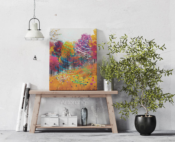 Decorative wall art showing autumn forest colors and Persian poem text.
