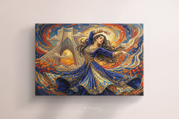Persian Dance in Front of Tehran Azadi Tower Canvas Print - Vibrant Wall Art
