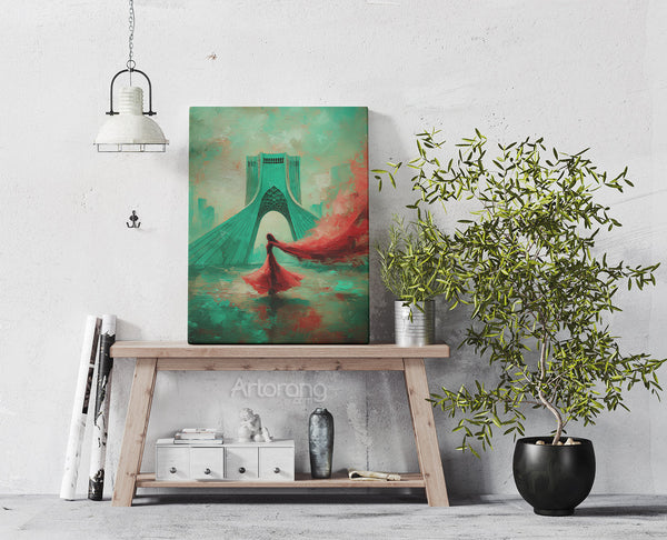 Tehran Azadi Tower Canvas Print with Persian Girl in Windy Red Dress Wall Art
