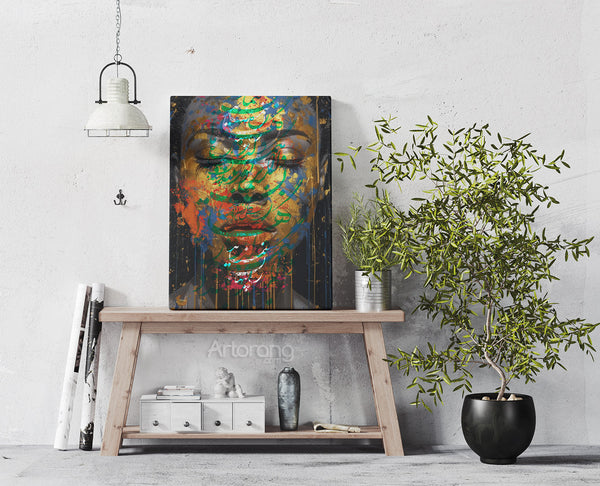 Vivid abstract canvas art featuring Rumi verse on a woman’s serene face
