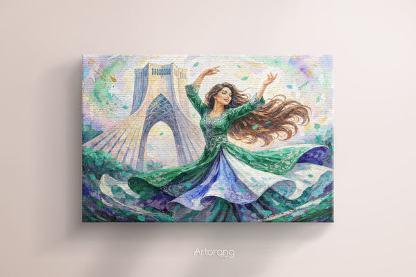 Persian Dance in Front of Tehran Azadi Tower Canvas Print – Colorful Wall Art