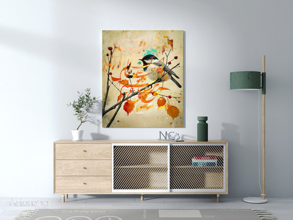 Elegant bird illustration with autumn tones and Homam-e Tabrizi verse.
