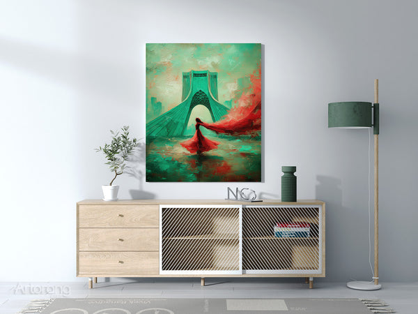 Tehran Azadi Tower Canvas Print with Persian Girl in Windy Red Dress Wall Art