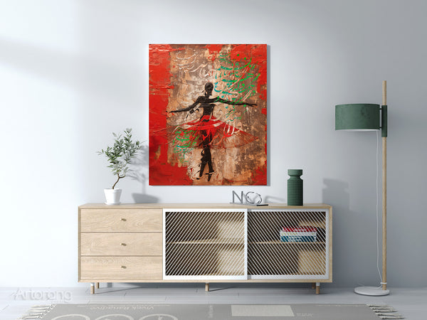 Textured canvas featuring dancer silhouette and colorful calligraphic strokes