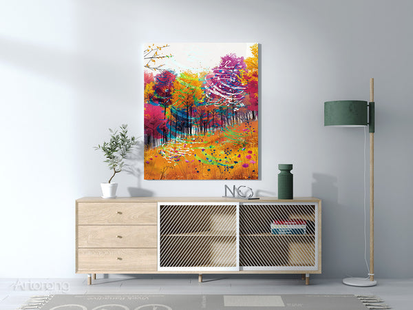 Modern Persian art canvas with radiant landscape and calligraphy.
