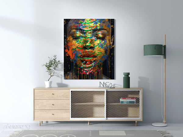 Abstract female face artwork with bold colors and Rumi poem calligraphy

