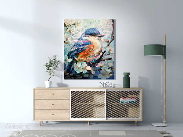 Hafez poem artwork on canvas with delicate bird illustration
