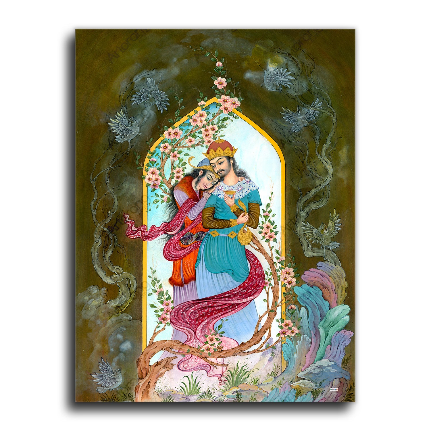Layla and Majnun, Persian miniature painting print painted by feet | Persian painting | Persian gift | Iranian painting | Persian miniature - Artorang