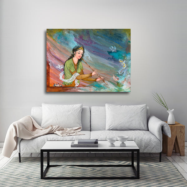Persian girl playing Ney in heaven, Persian miniature painting print painted by feet | Persian painting | Persian gift | Persian painting - Artorang