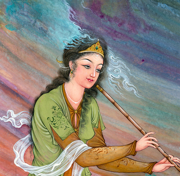 Persian girl playing Ney in heaven, Persian miniature painting print painted by feet | Persian painting | Persian gift | Persian painting - Artorang