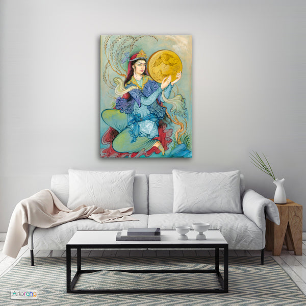 Persian girl playing the Daf, Persian miniature painting print - Artorang