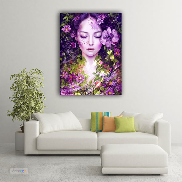 Persian girl and flowers with Love word in Farsi calligraphy wall art canvas print, Iranian gift
