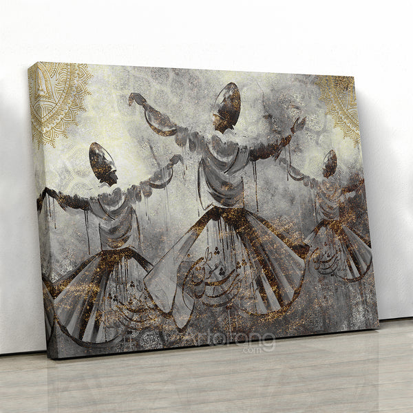 Ancient Sufi dance and whirling dervishes with Persian calligraphy canvas print, Arabic art, Turkish