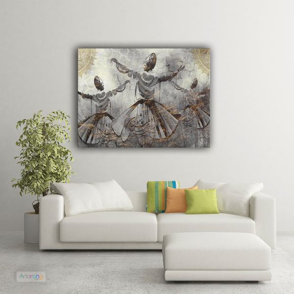 Ancient Sufi dance and whirling dervishes with Persian calligraphy canvas print, Arabic art, Turkish