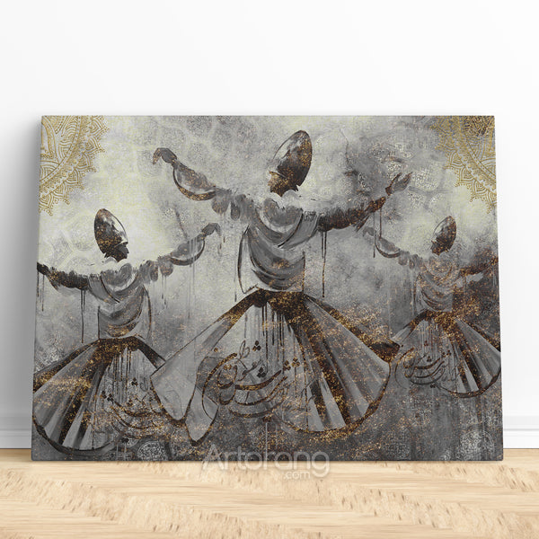 Ancient Sufi dance and whirling dervishes with Persian calligraphy canvas print, Arabic art, Turkish