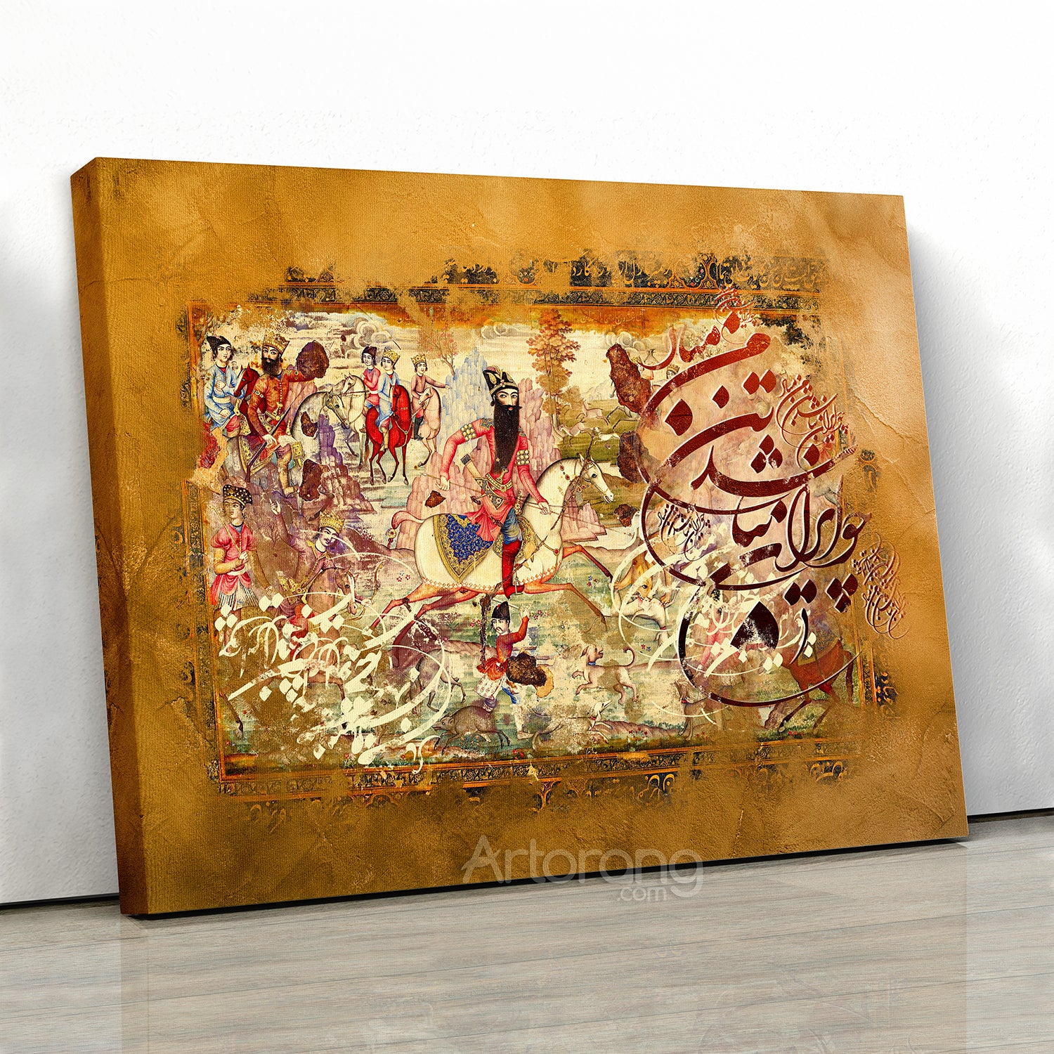 Fath-Ali Shah Qajar miniature and Persian calligraphy, Persian gallery style canvas, Persian gift