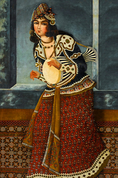 Qajar woman with Zarb drum, Persian traditionally miniature available with frame
