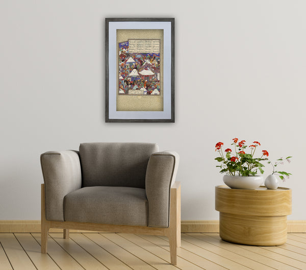 Persian Camp Attacked by Night, Persian miniature art from Shahnameh by Ferdowsi, available with frame and range of color options