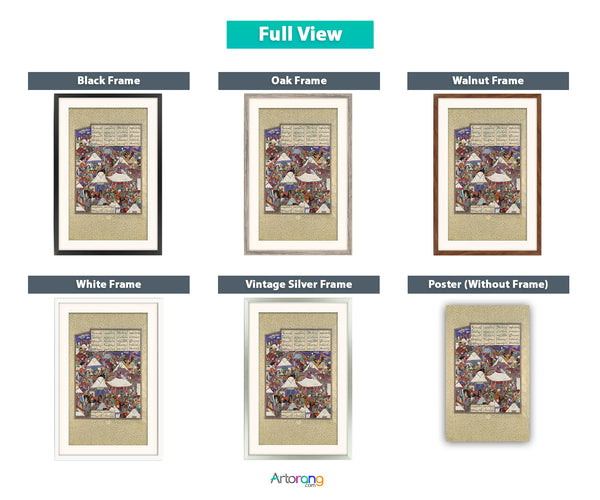 Persian Camp Attacked by Night, Persian miniature art from Shahnameh by Ferdowsi, available with frame and range of color options