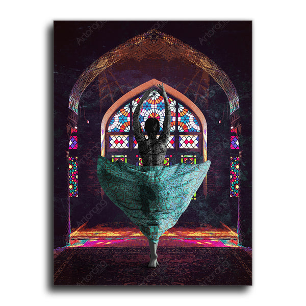 Persian girl dancing in pink and Farsi calligraphy canvas wall art - Artorang