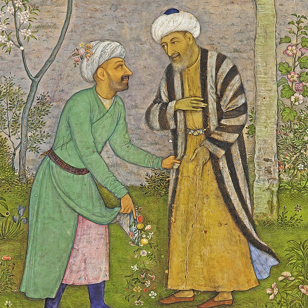 Saadi in a flower garden, from a manuscript of the Golestan, Persian traditional miniature available with frame