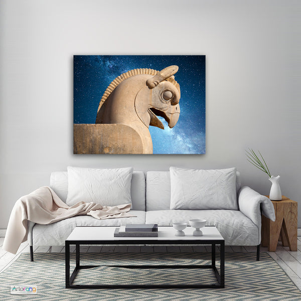 Huma bird in the night sky, Persepolis Takht-e Jamshid Persia wall art canvas print, Persian gift