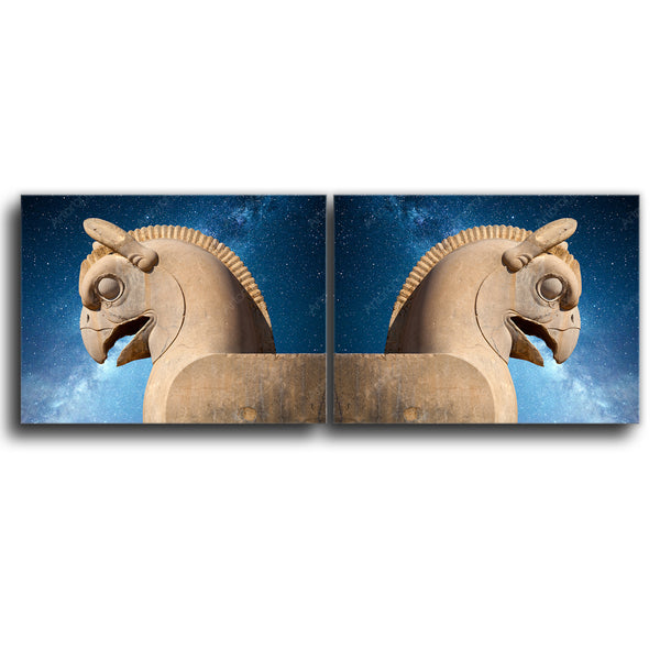 Huma bird in the night sky 2 pieces canvas art, Persepolis Takht-e Jamshid Persia wall art