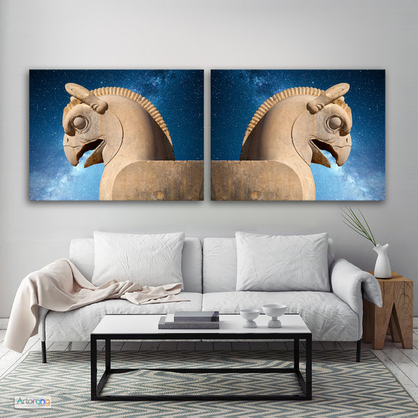 Huma bird in the night sky 2 pieces canvas art, Persepolis Takht-e Jamshid Persia wall art