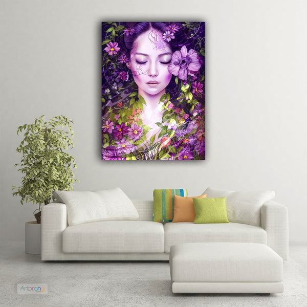Persian Girl and Flowers Farsi Calligraphy Wall Art Canvas Print