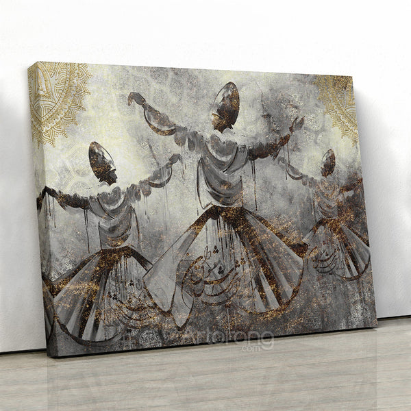 Sufi Dance Whirling Dervishes Canvas Print with Persian Calligraphy Art