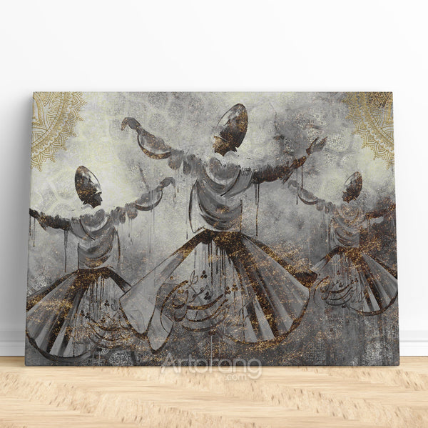 Sufi Dance Whirling Dervishes Canvas Print with Persian Calligraphy Art