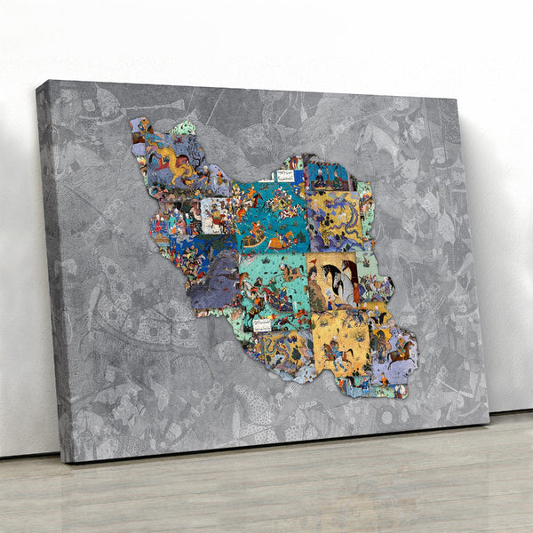 Persian Shahnameh Miniatures Canvas Print Wall Art on Map