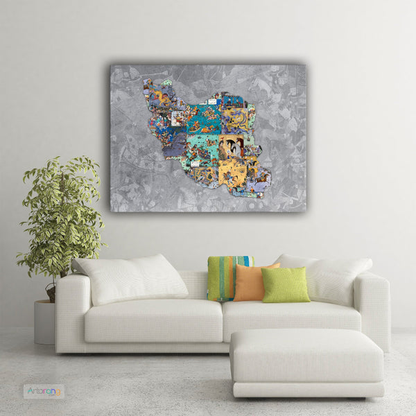Persian Shahnameh Miniatures Canvas Print Wall Art on Map